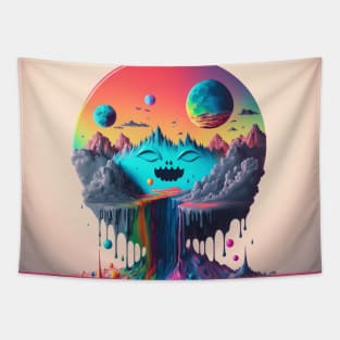 Full Moons Over Happy Mountains and the Rainbow River - Psychedelic Landscape - Paint Dripping 3D Illustration - Colorful Haunted Nature Scene Tapestry