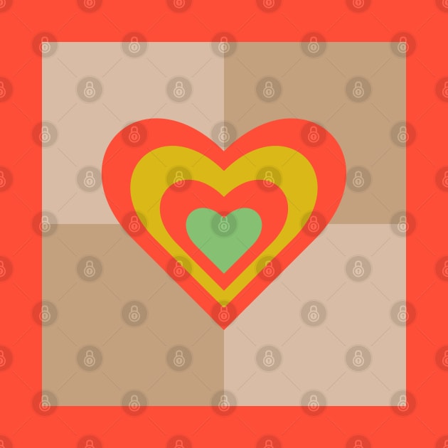 LOVE HEARTS CHECKERBOARD Retro Alt Valentines in Coral Yellow Green on Cream Beige Geometric Grid - UnBlink Studio by Jackie Tahara by UnBlink Studio by Jackie Tahara