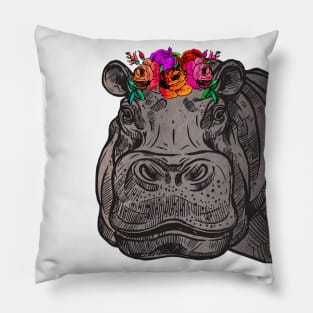 Hippo head - crown of flowers Pillow