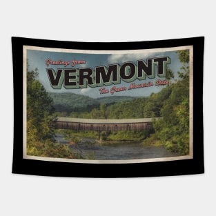 Greetings from Vermont - Vintage Travel Postcard Design Tapestry