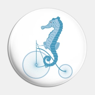 Seahorse on bicycle illustration in blue Pin