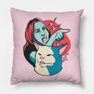 Funny Woman Yelling at Cat Meme Illustration Pillow