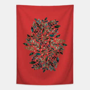 Seasonal branches and berries - green and gold on red Tapestry