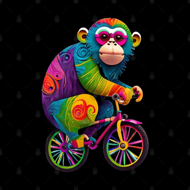 Rainbow colored monkey on a bicycle by FrogAndToadsWorkshop