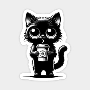 Cute Black Cat With Coffee Cup Chibi Kawaii Character Magnet