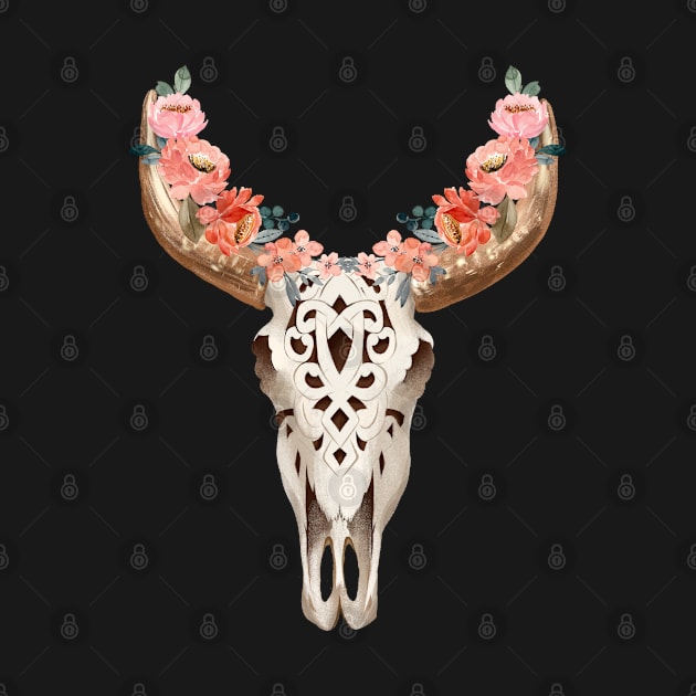 ARTISTIC SCROLLWORK COW SKULL WITH HORNS AND FLOWERS by KutieKoot T's