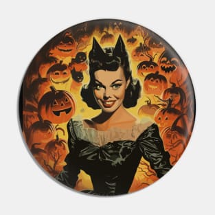 Retro Halloween Witch Girl with Pumpkins and Bats Pin