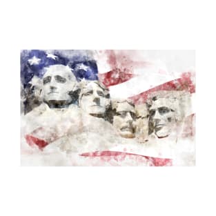 Mount Rushmore with American flag waving in background watercolor T-Shirt