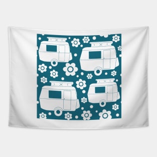 Daisy Polka Dot Vintage Caravan Pattern in Teal and White Tapestry