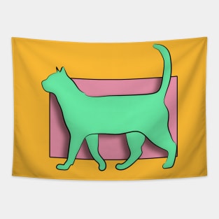 Green walking cat with pink background Tapestry