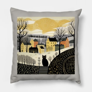 Vintage Cityscape Illustration: Urban Street with Houses, Lamps, Patterned Roads, Clouds, and a Stylish Black Cat in the Middle - Design Art Pillow