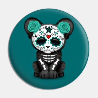 Teal Blue Day of the Dead Sugar Skull Panther Cub Pin