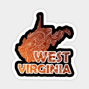 Colorful mandala art map of West Virginia with text in brown and orange Magnet