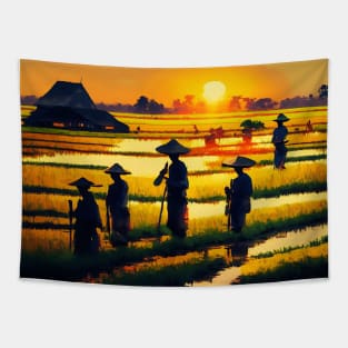 [AI Art] Sunset field workers Tapestry