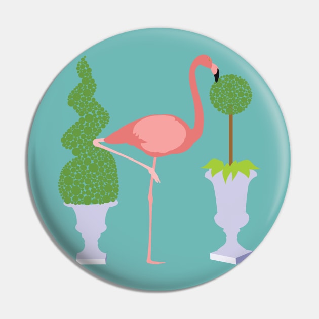 Pink Flamingo and Topiary Garden Pin by evisionarts