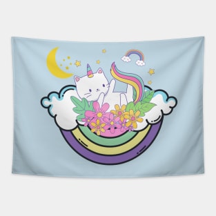 Caticorn on Rainbow Bed Chilling Tapestry