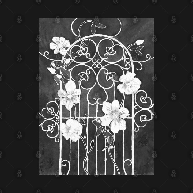 Clematis Flower and Vine on Wrought Iron Trellis, Black and White by ConniSchaf