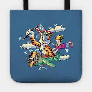 Calvin and Hobbes ride a rocket Tote