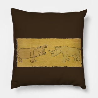 Gentle Giants - Rhino and Hippo Drawing on Tribal Pattern Pillow