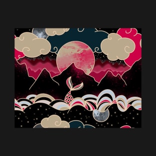 Pink Landscape Midnight Mermaid Aesthetic T-Shirt