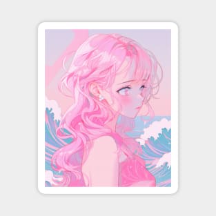 Pink Anime Girl Waves Japanese Magnet