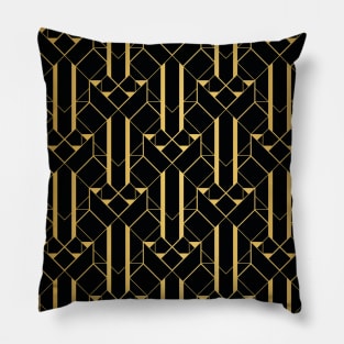 Black and Gold Vintage Art Deco Geometric Linear Repeat Pattern Pillow
