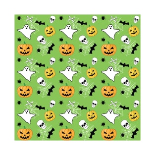 Spooky Halloween Pattern on Fern Green Background T-Shirt