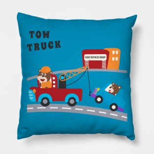 Vector illustration of tow truck cartoon with funny driver Pillow