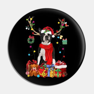 Black Boston Terrier Reindeer Santa Christmas Color Lights Pin