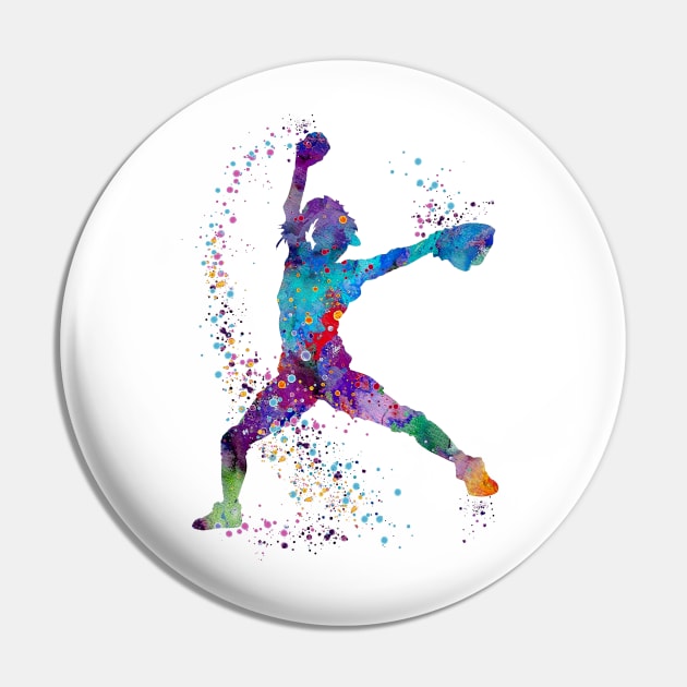 Girl Baseball Pitcher Colorful Watercolor Pin by LotusGifts