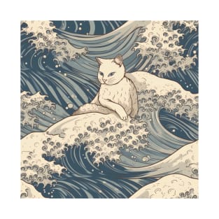 White Cat Chilling on Waves of Japan T-Shirt