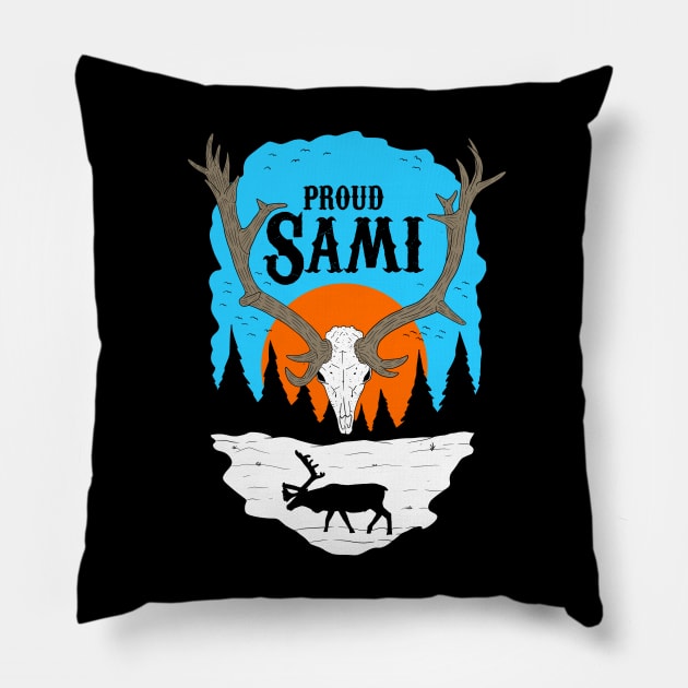 proud sami, sunset snow with a reindeer skull. Pillow by JJadx