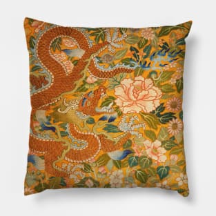 DRAGON AMONG PEONIES ,FLOWERS .GREEN LEAVES Floral Chinese Embroidery in Gold Yellow Pillow