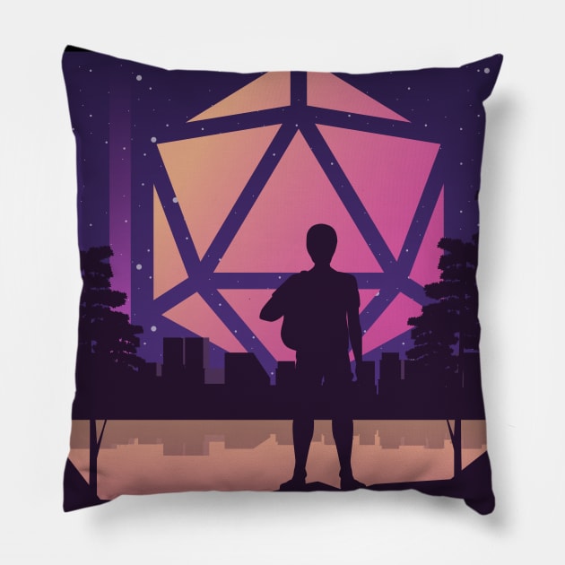 80s Adventure Futuristic City Polyhedral D20 Dice Moon RPG Landscape Pillow by pixeptional