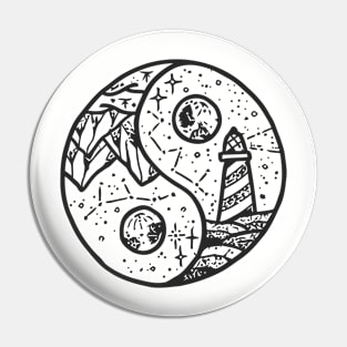 Asian Yin Yang Symbol with Lighthouse and Mountain Pin