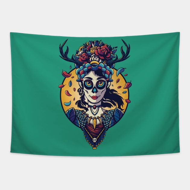 Day of the Dead - Antler Girl Tapestry by LAckas
