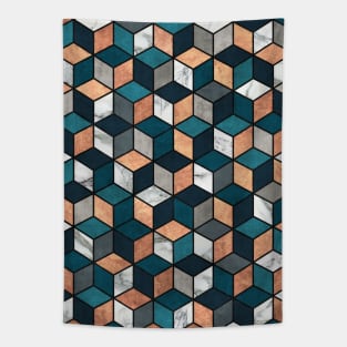 Copper, Marble and Concrete Cubes with Blue Tapestry