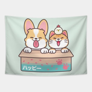 Cute Corgi and Cat in Apple Box Tapestry