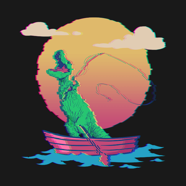 Fishing Dinosaur T-Rex Fisherman Dino Vaporwave by Alex21