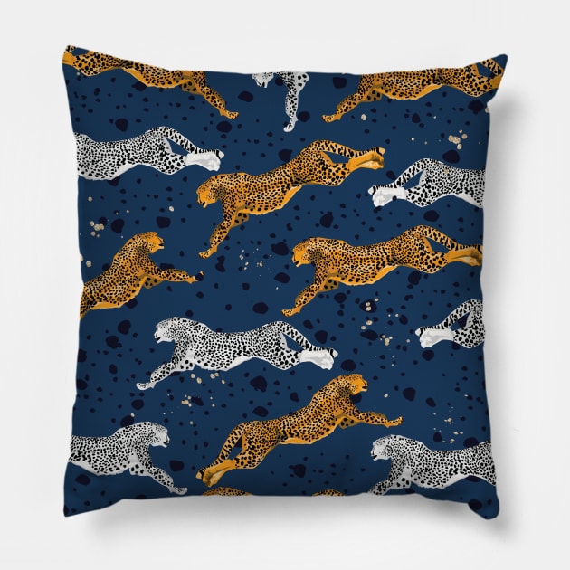 Preppy Leaping Cheetah Navy Blue Pillow by gatherandgrace