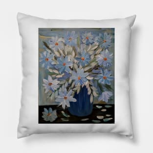 stunning some abstract flowers and silver leaves in a Blue and teal vase and I love the vase in metallic finish on it . Pillow