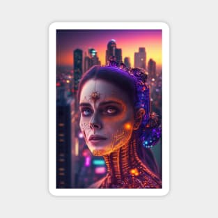 Day of the Dead Cyperpunk Beauty with Futuristic Cityscape - Ultra Realistic Magnet