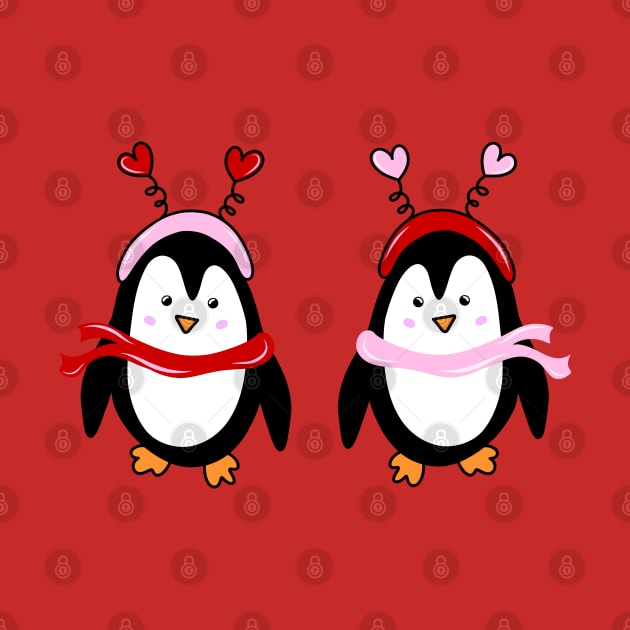 Valentines Penguin Pair with Pink and Red Heart Headbands and Scarves, made by EndlessEmporium by EndlessEmporium