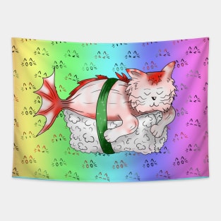 sushi cat on a pale rainbow background Tapestry