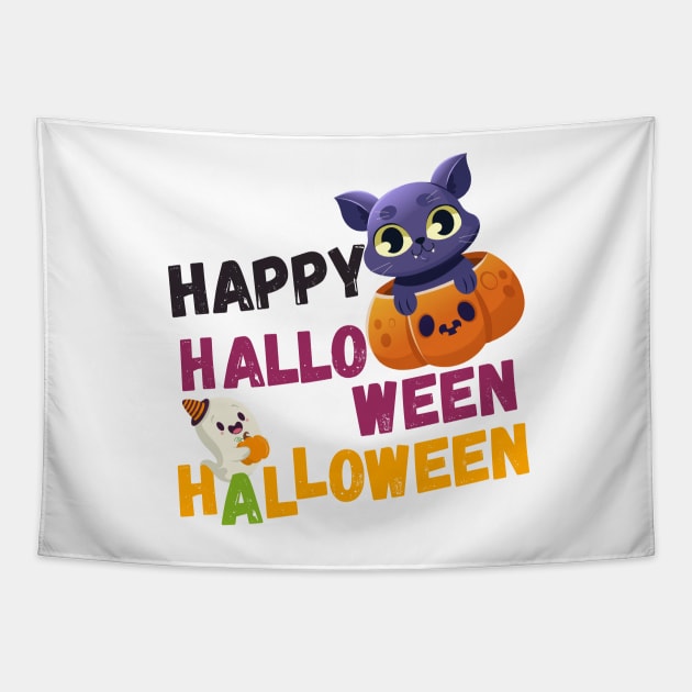 Happy Halloween Kitty - Cute Cat And Ghost Tapestry by iconking