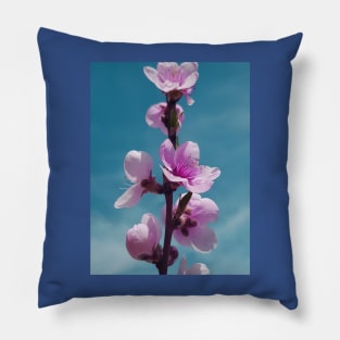 Blossoming peach tree with pink flowers, altered photo Pillow