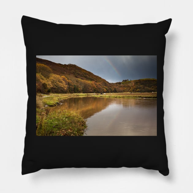 Rainbow over Pennard Castle, Gower, Wales Pillow by dasantillo