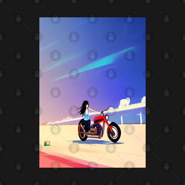 JAPANESE GIRL COOL RETRO MOTORCYCLE ON THE BEACH by sailorsam1805