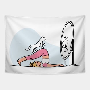 YOGA WITH CAT ILLUSTRATION Tapestry