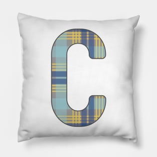 Monogram Letter C, Blue, Yellow and Grey Scottish Tartan Style Typography Design Pillow